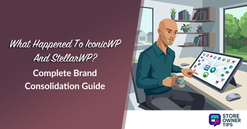 Cover banner showing a man at a desk with a tablet full of icons; text announces a brand consolidation guide for IconicWP and StellarWP; Store Owner Tips logo bottom right.