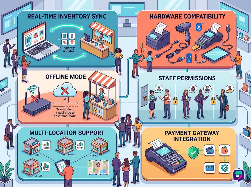 Colorful infographic illustrating POS system features: real-time inventory sync, hardware compatibility, offline mode, staff permissions.