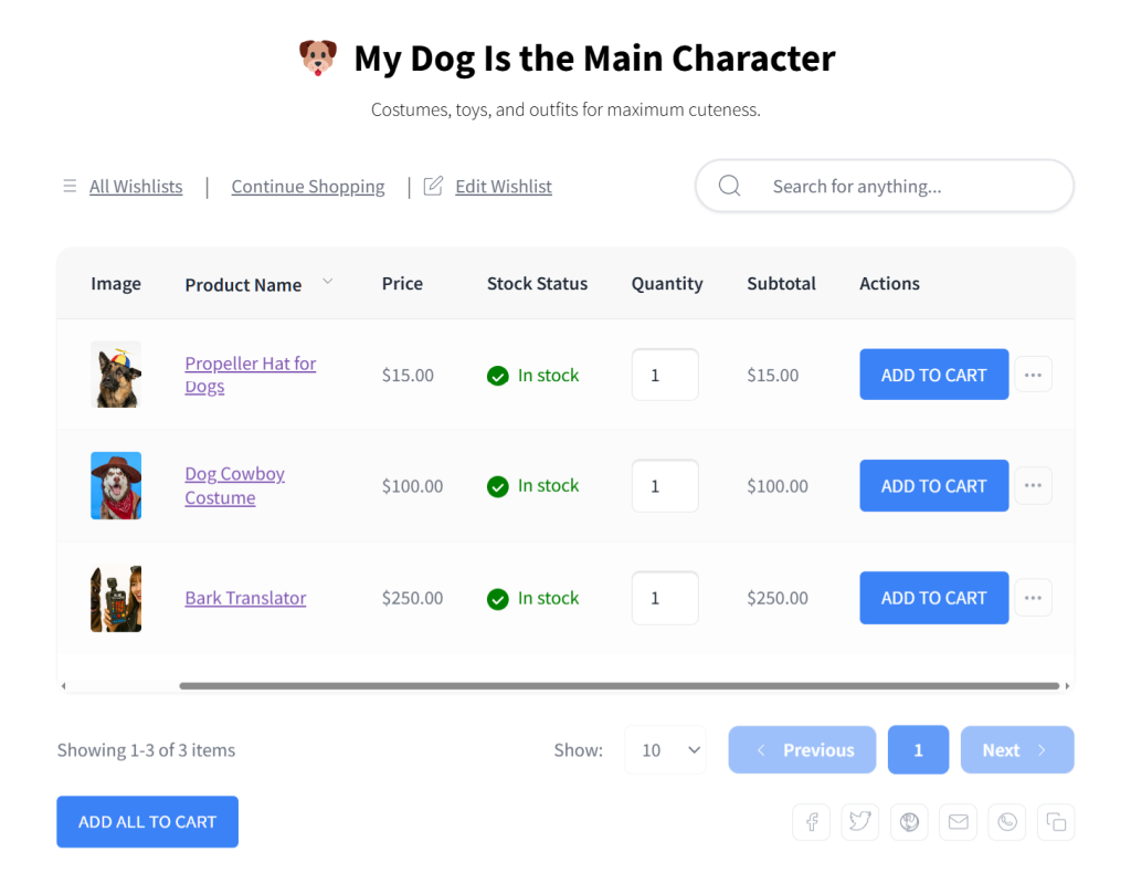 wishlist-denise-my-dog-is-the-main-character - Store Owner Tips Header: dog icon with title'My Dog Is the Main Character' and a search bar above a three-item wishlist table.