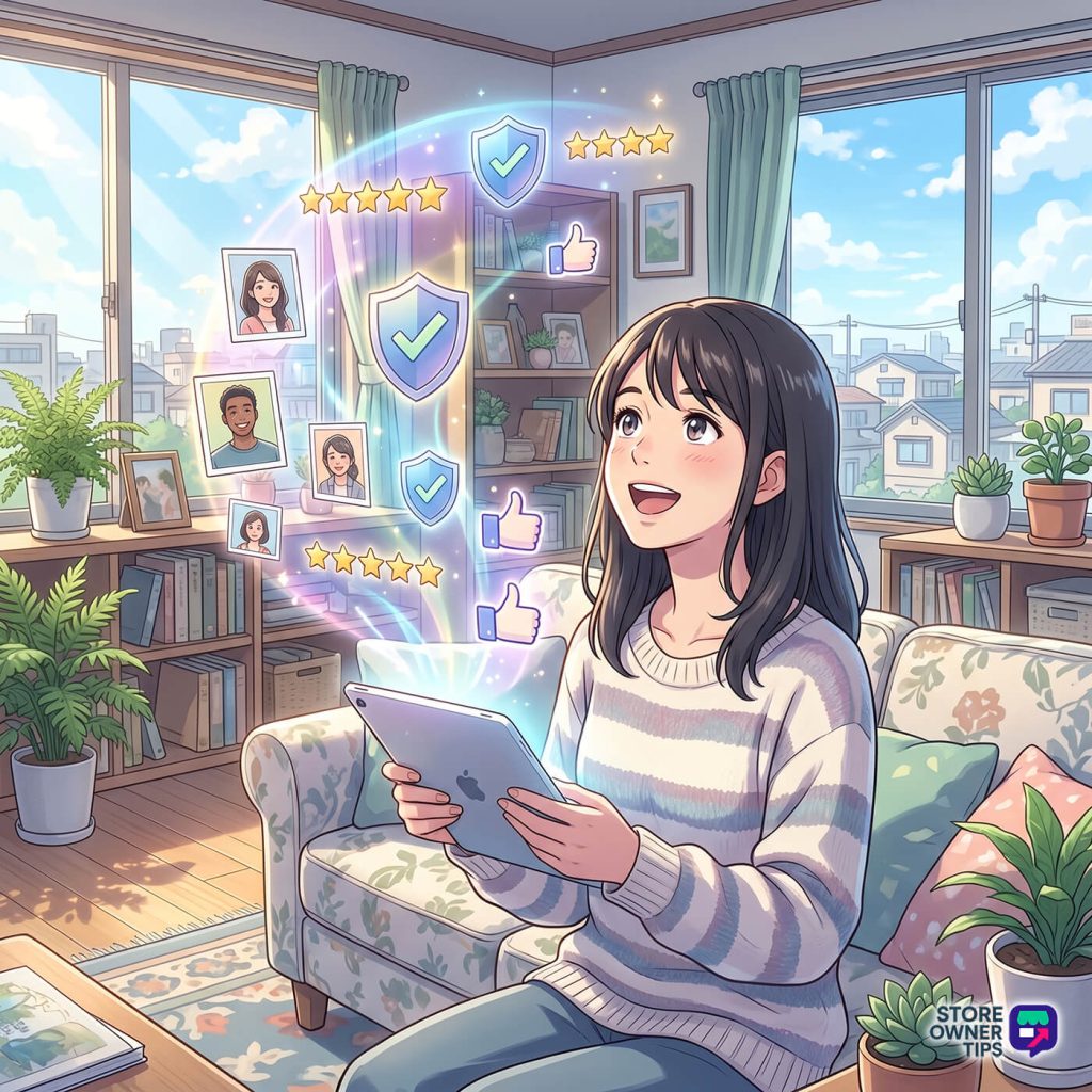 Young woman sits on a sofa at home, holding a tablet, while glowing online-review icons—shields, stars, and a thumbs-up—float around her.