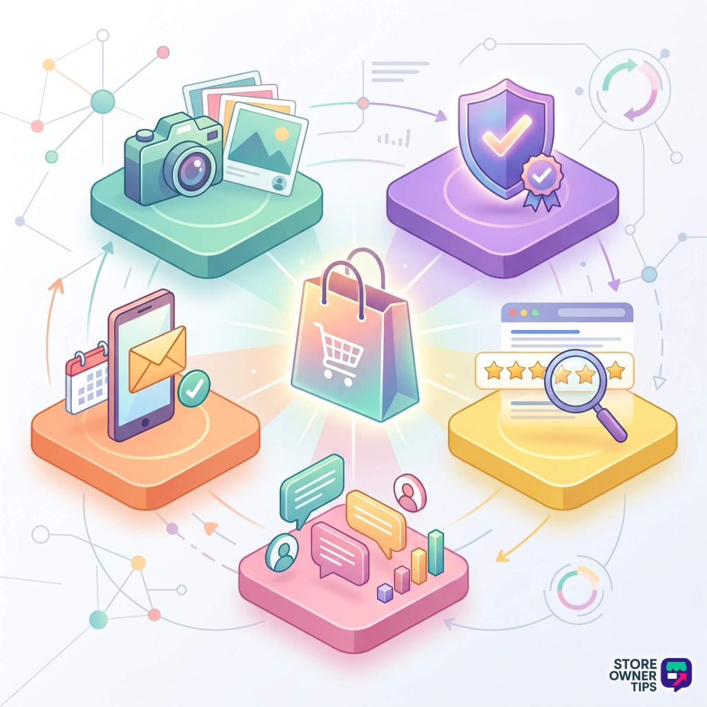 Colorful infographic of online shopping elements—phone, shopping bag, dashboard icons, and a security badge with a 'Store Owner Tips' logo in the corner.