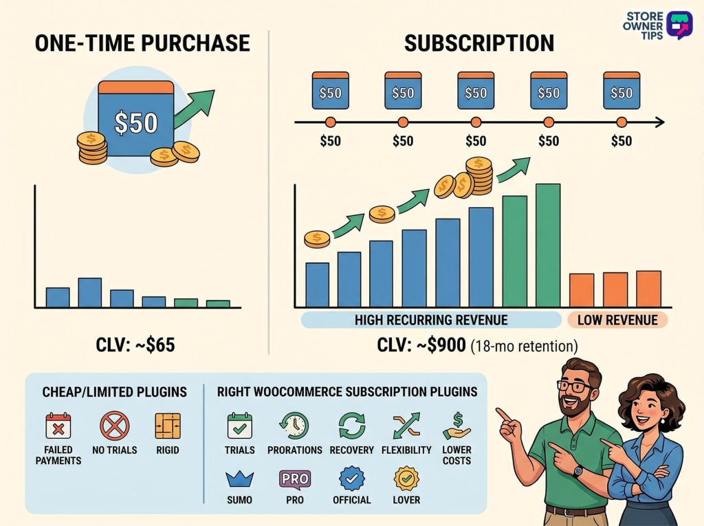 woocommerce-subscription-plugins-recurring-revenue - Store Owner Tips Infographic comparing one-time purchase with subscription model, illustrating higher recurring revenue and much larger customer lifetime value (CLV).