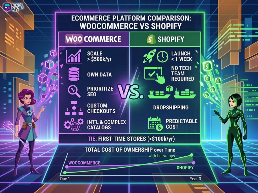 woocommerce-vs-shopify-quick-verdict - Store Owner Tips Neon futuristic infographic comparing WooCommerce and Shopify, highlighting platform strengths, two stylized characters, and cost-over-time chart.