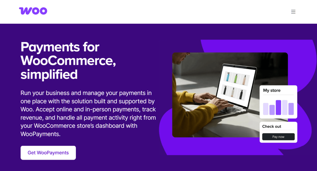 Person using a laptop to manage an online WooCommerce store, viewing product listings and sales dashboard on a purple branded webpage.