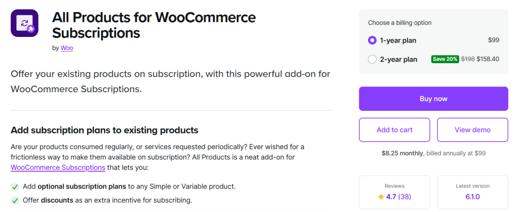 Hero section for'All Products for WooCommerce Subscriptions' with the purple app icon, large headline, and a right-side pricing card showing 1-year and 2-year plans with a Buy now button.