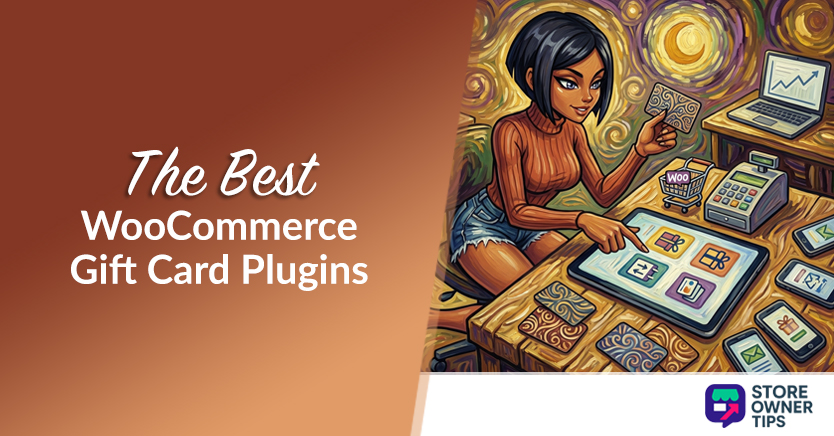 Illustration of a woman at a checkout selecting gift cards for WooCommerce; gradient panel reads 'The Best WooCommerce Gift Card Plugins'; Store Owner Tips logo in the corner.