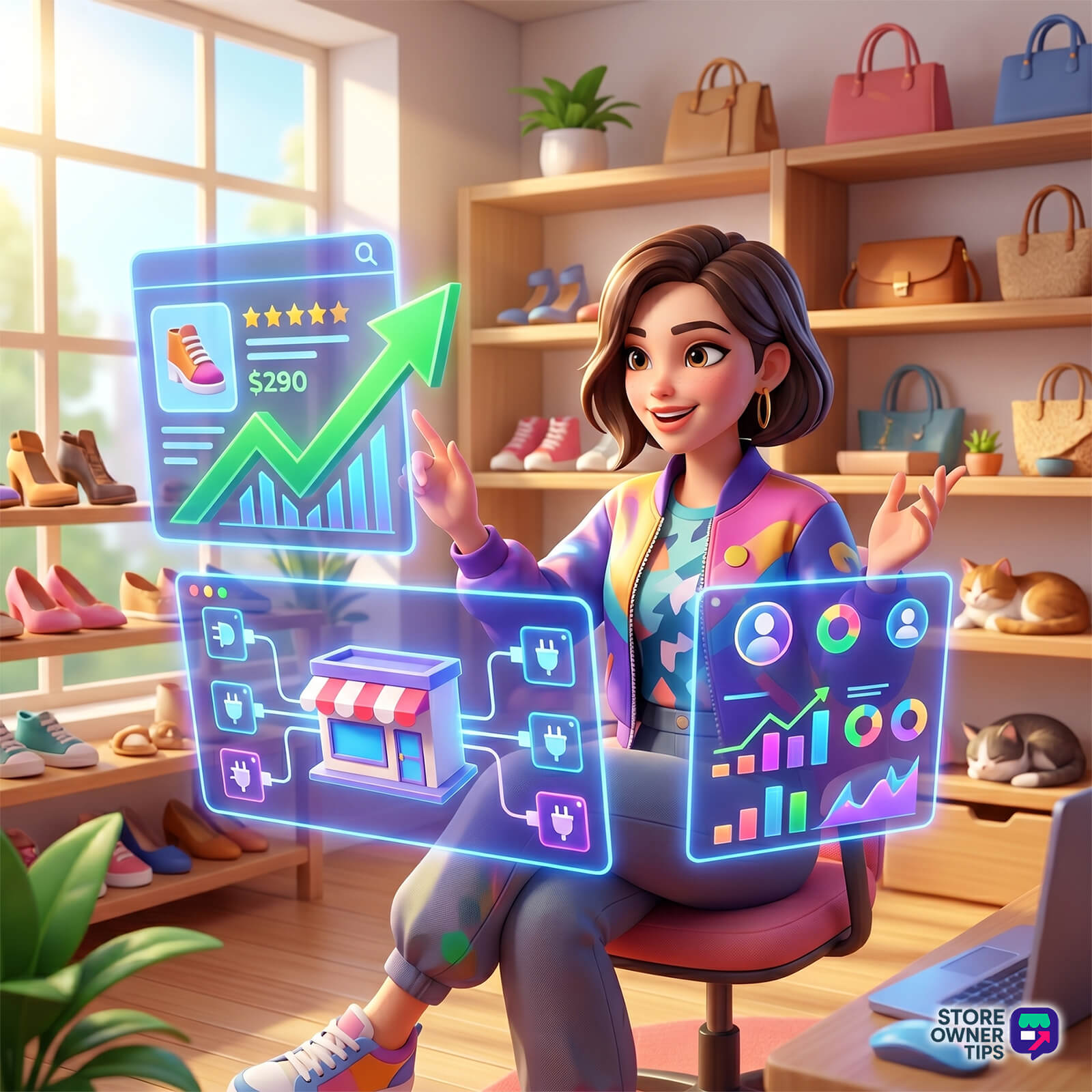 best-woocommerce-seo-plugins-1 - Store Owner Tips Female e-commerce store owner using holographic WooCommerce SEO and sales analytics dashboards.