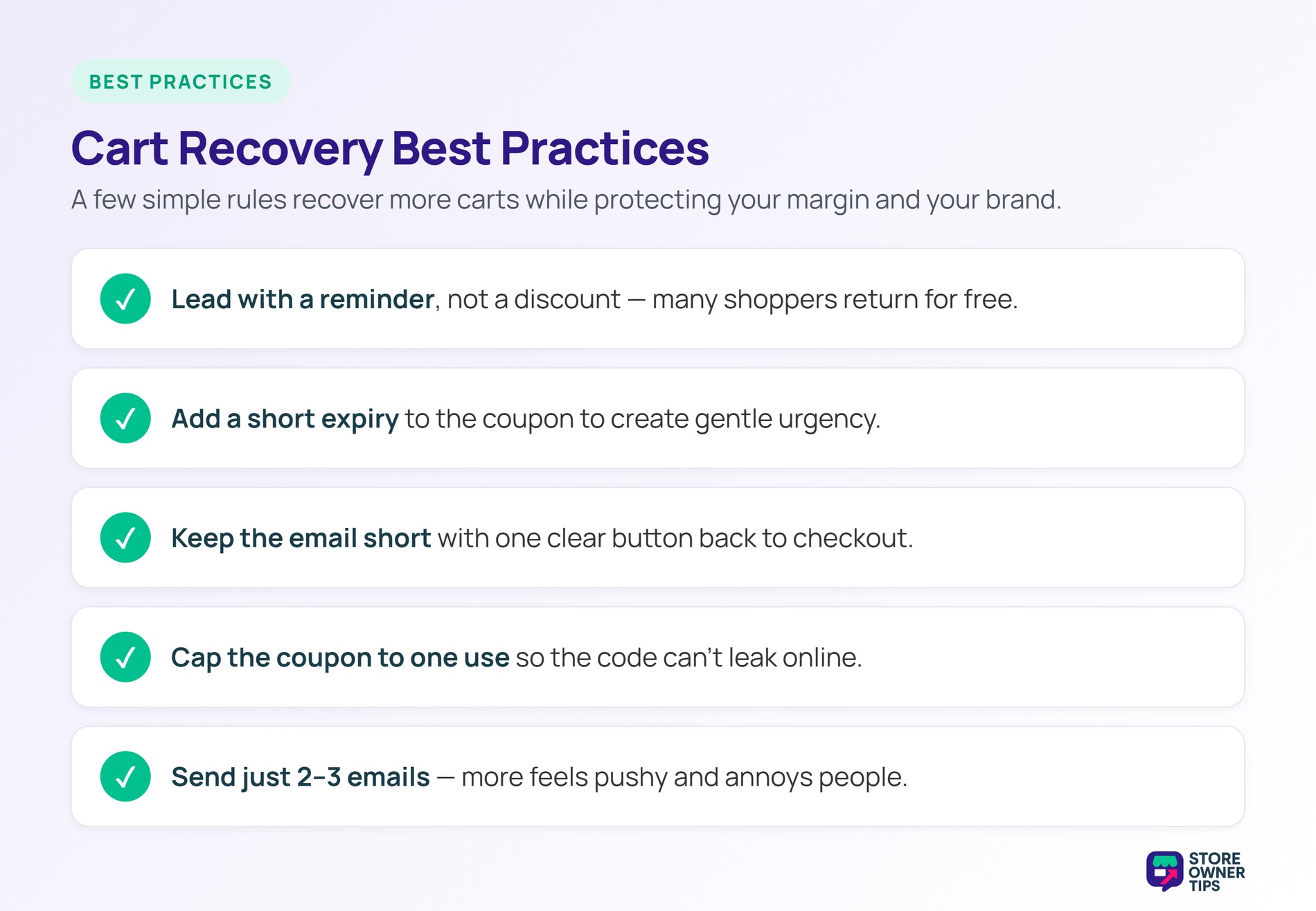 Cart Recovery Best Practices - Store Owner Tips Five cart recovery best practices: reminder first, short expiry, short email, cap the coupon, limit emails.