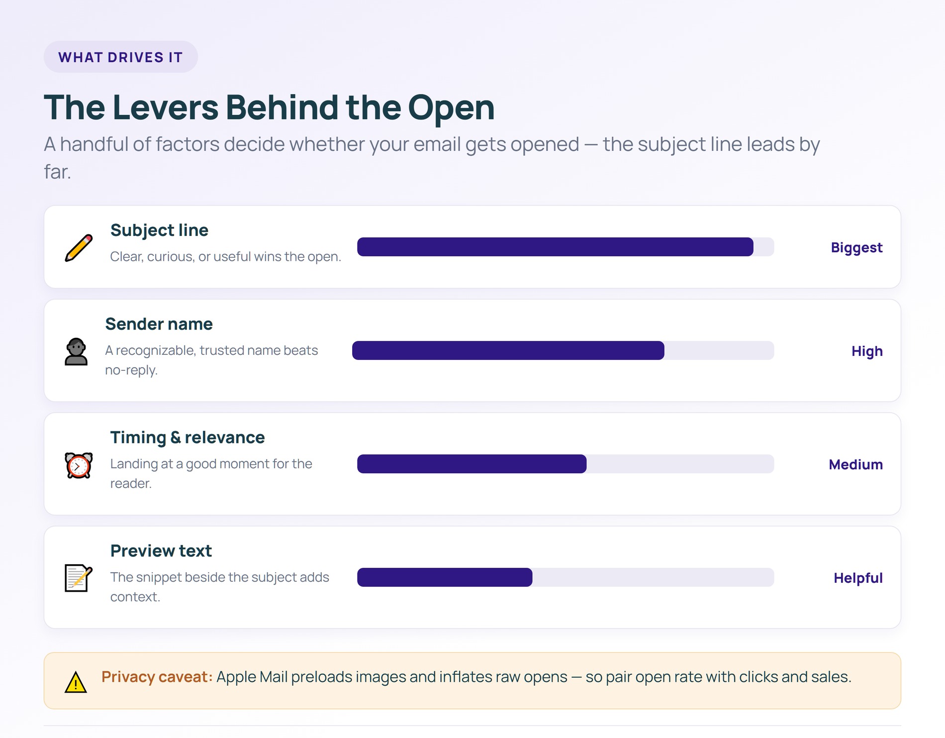 What drives open rate - Store Owner Tips Ranked levers behind open rate -- subject line, sender name, timing, and preview text -- with a privacy caveat about inflated opens
