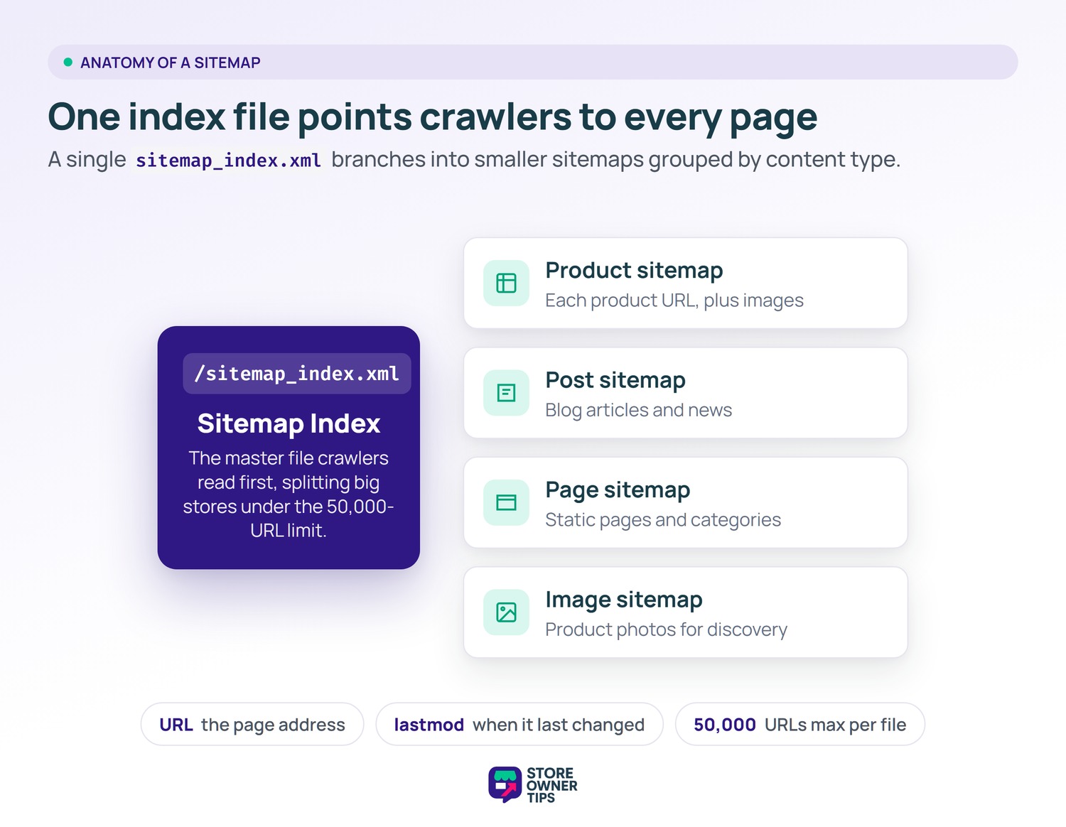 XML sitemap anatomy diagram - Store Owner Tips Diagram showing a sitemap_index.xml file branching into product, post, page, and image sub-sitemaps.