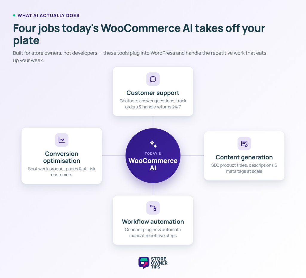 sot-ai-what-it-handles-wheel - Store Owner Tips Hub and spoke diagram of the four jobs WooCommerce AI tools handle: customer support, content generation, workflow automation, and conversion optimisation.