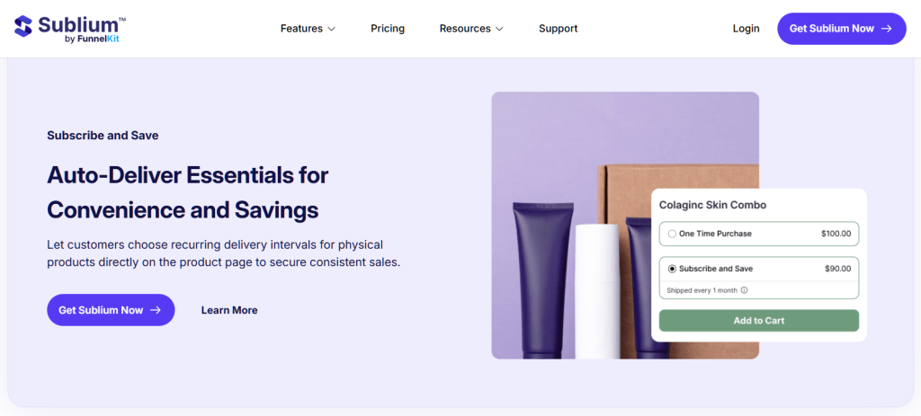 Hero banner for Sublium: left-aligned headline about Auto-Deliver Essentials with a purple Get Sublium Now button; right side shows cosmetic tubes and a purchase/subscription widget on a lavender background.