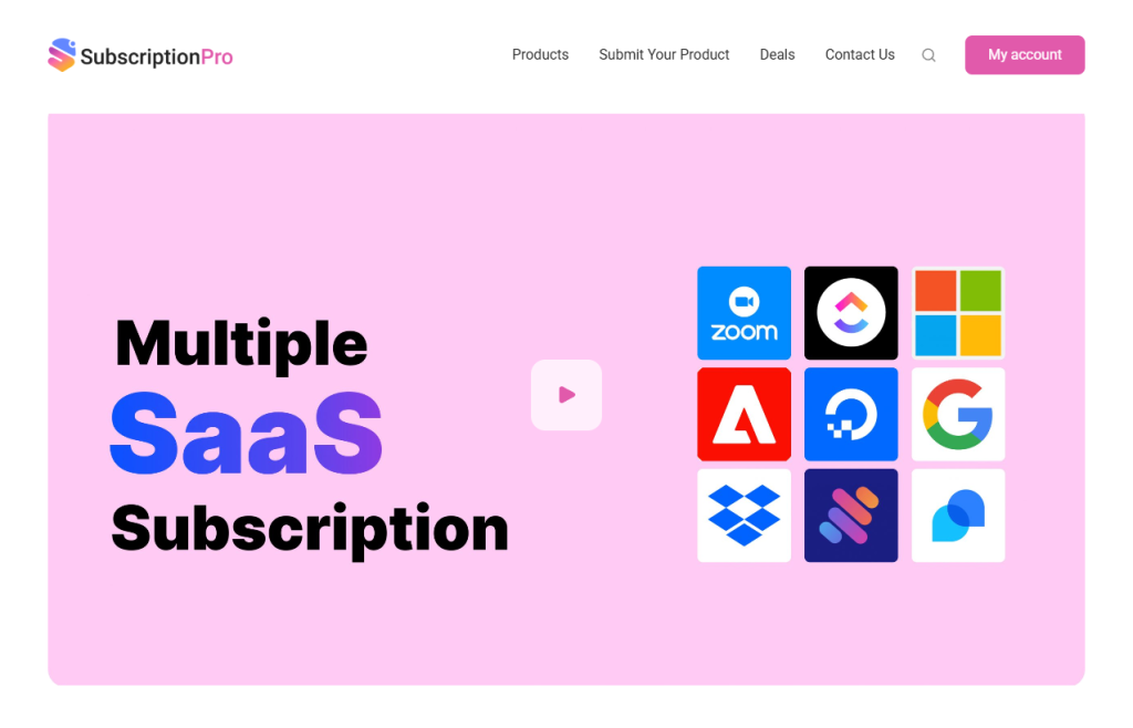 Pink hero banner:'Multiple SaaS Subscription' text on left, grid of colorful app icons on the right, with a pink play button; header with SubscriptionPro logo.