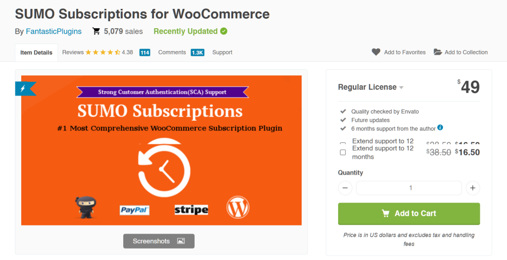 Orange banner for SUMO Subscriptions for WooCommerce with PayPal, Stripe, and WordPress logos on the background.