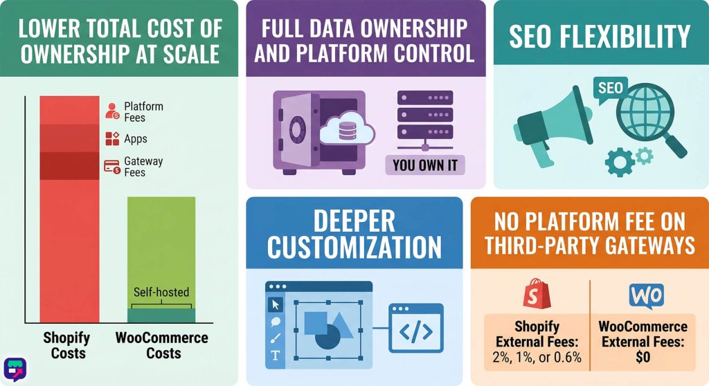 why-migrate-from-shopify-to-woocommerce - Store Owner Tips Infographic showing reasons to migrate from Shopify to WooCommerce: lower costs, data ownership, SEO control, and zero fees.