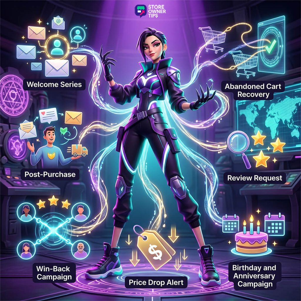 Colorful hero illustration showing an ecommerce marketer with neon energy threads, labeling key campaigns: Welcome Series, Abandoned Cart Recovery, Post-Purchase, Review Request, Win-Back Campaign, Price Drop Alert, Birthday/Anniversary Campaign.