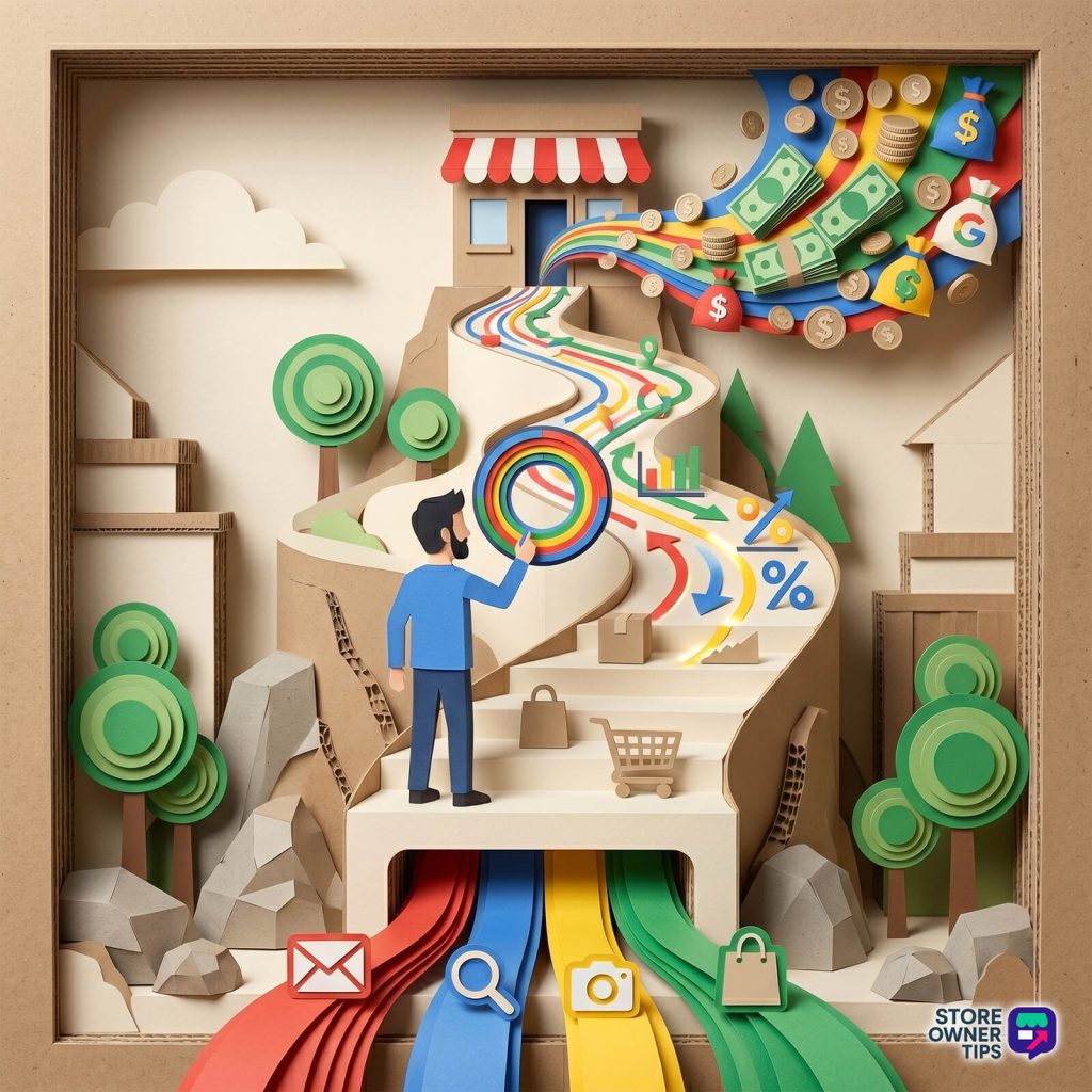 woocommerce-google-analytics-setup-1 - Store Owner Tips Cardboard diorama of a winding rainbow path from a small shop with money symbols spilling from the top right; a man in blue observes the path on steps.