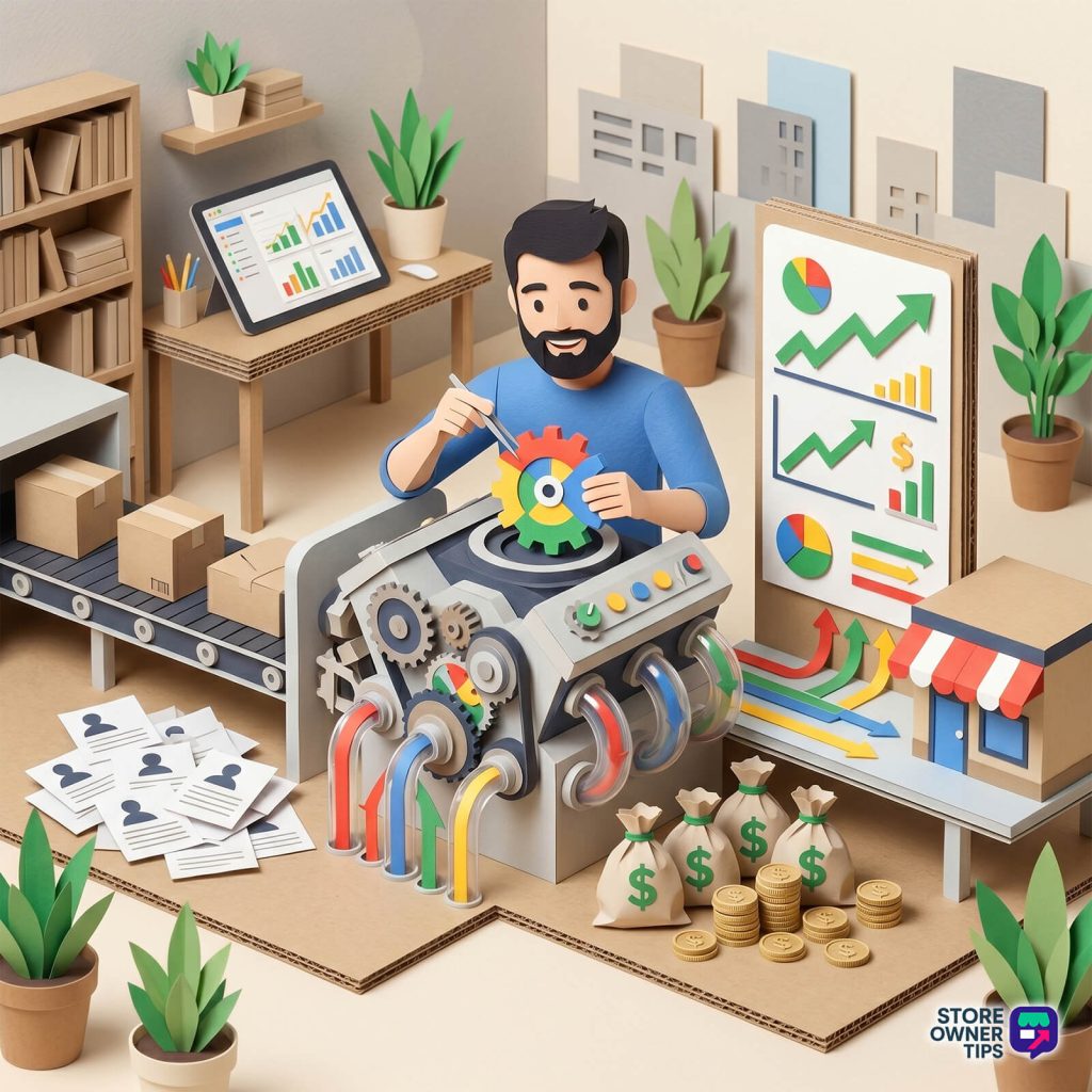 woocommerce-google-analytics-setup-2 - Store Owner Tips 3D papercraft illustration of a store owner setting up Google Analytics for WooCommerce, turning a Google-colored gear on a machine that tracks ecommerce boxes, revenue bags, and data charts.