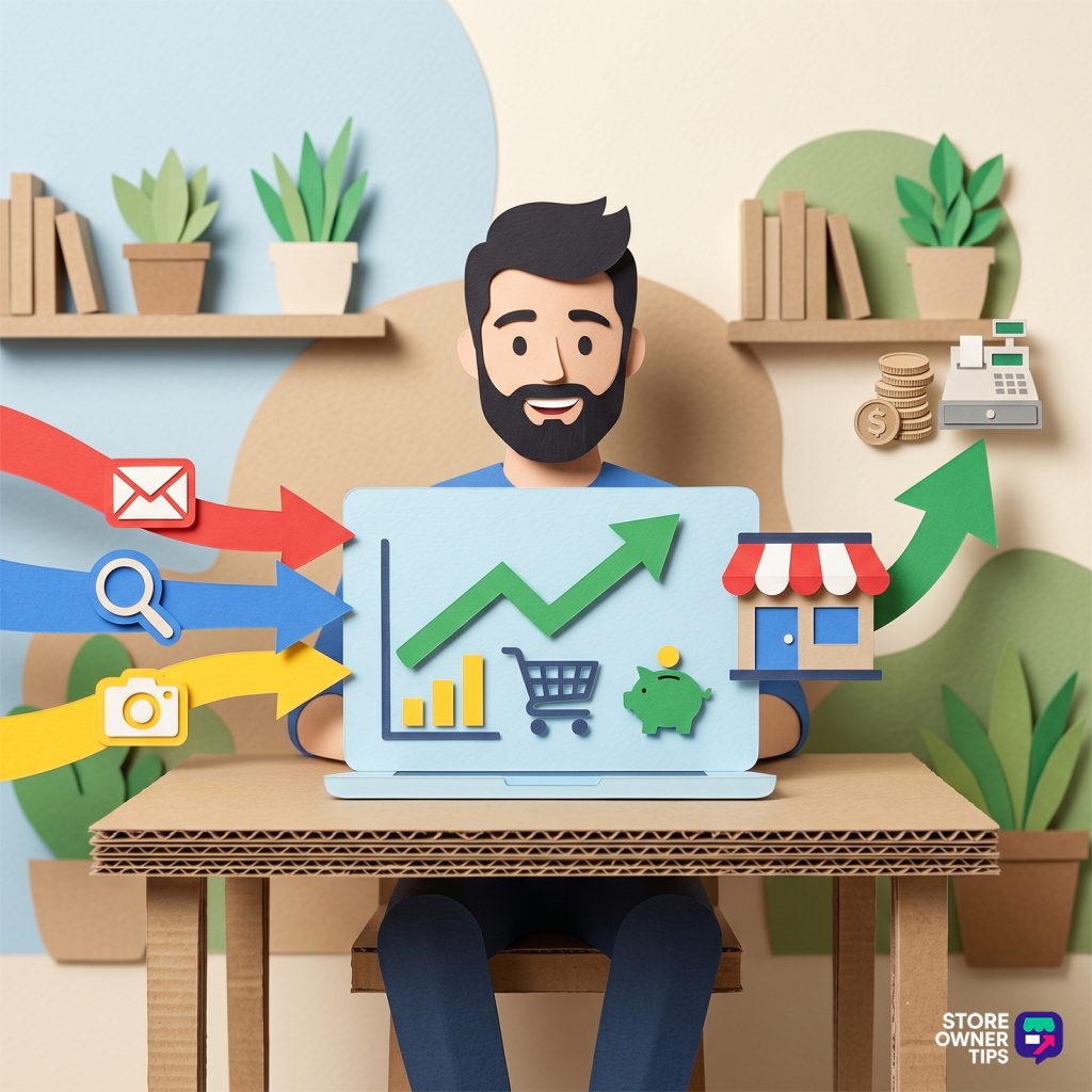 woocommerce-google-analytics-setup-3 - Store Owner Tips Cartoon man with a beard sits at a cardboard desk using a laptop showing rising charts and shopping icons around him.