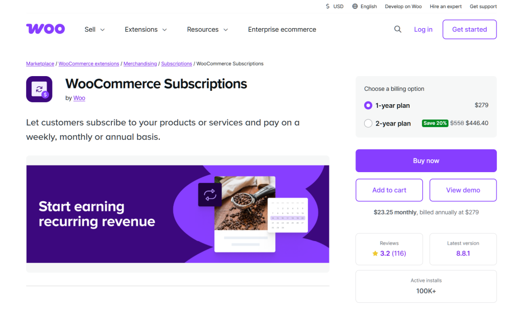 WooCommerce Subscriptions product page showing pricing options and a purple hero banner reading'Start earning recurring revenue'.