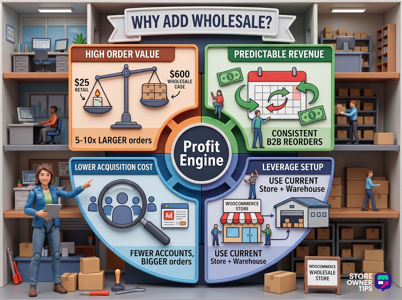 Diorama infographic listing B2B benefits like high order value and consistent reorders for a WooCommerce wholesale store.