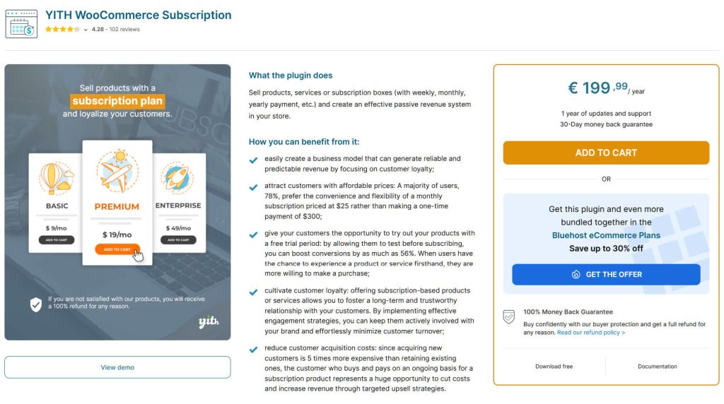 Pricing and features layout: three plans (Basic, Premium, Enterprise) with a'subscription plan' badge on the left, benefits in the center, and €199,99/year Add to Cart on the right.