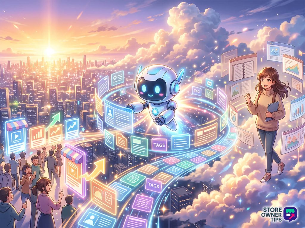 ai-content-tools-for-course-creators-woocommerce-filler - Store Owner Tips A friendly robot surrounded by holographic data screens above a city, guiding people through digital information flows.