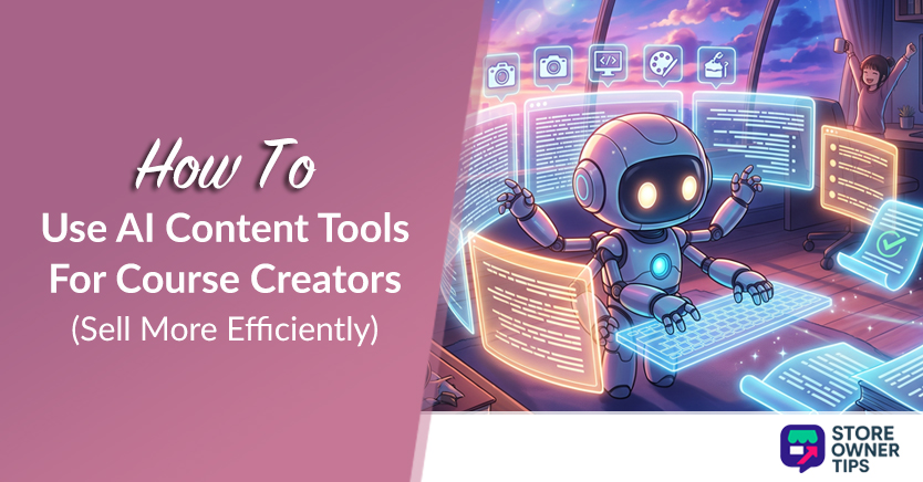 Banner with a friendly robot at a desk surrounded by glowing holographic screens, promoting AI content tools for course creators to sell more efficiently; Store Owner Tips logo bottom right.