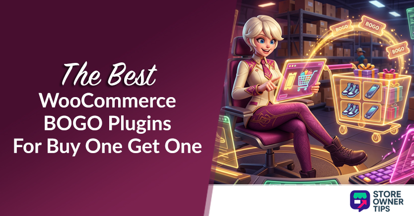 Promotional banner: 'The Best WooCommerce BOGO Plugins For Buy One Get One' with a cartoon shopper at a neon checkout center-right.