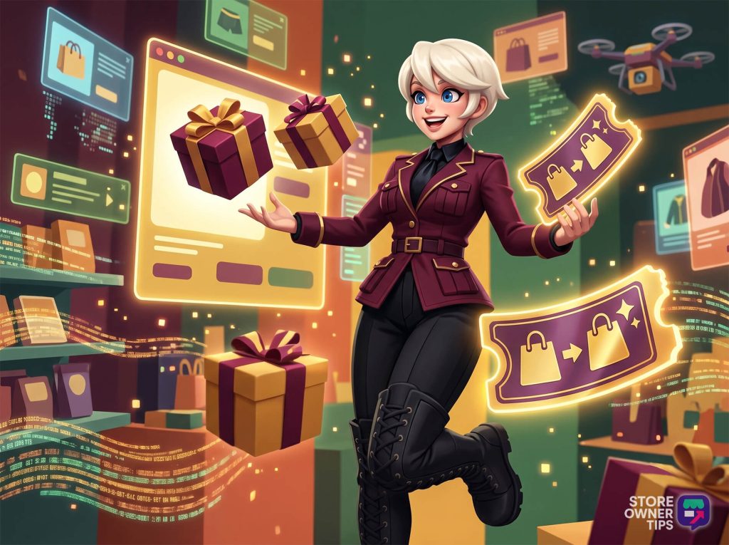 best-woocommerce-bogo-plugins-filler - Store Owner Tips Cheerful store owner with white hair in a burgundy uniform tossing gift boxes amid glowing holographic shopping panels.