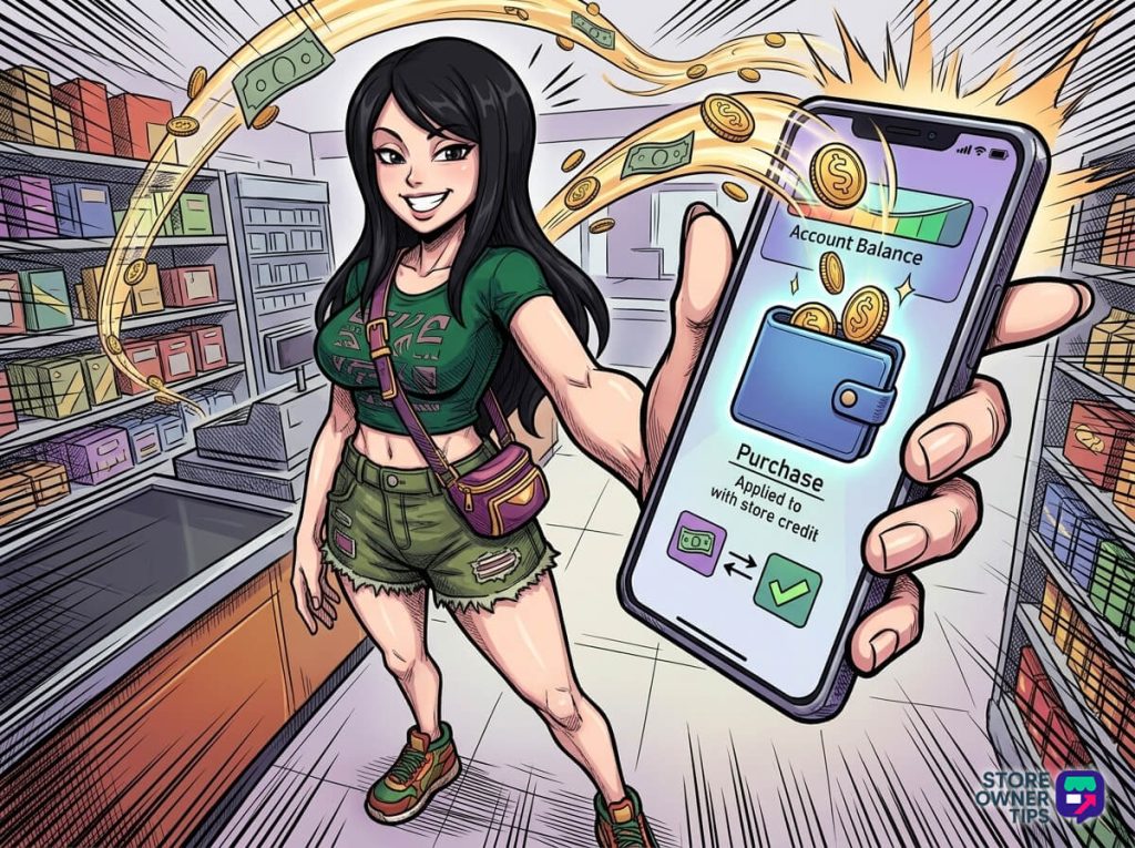 best-woocommerce-store-credit-plugins-filler - Store Owner Tips Cartoon shopper in a store reaches toward a large smartphone showing a digital wallet and a purchase screen with coins flying around.