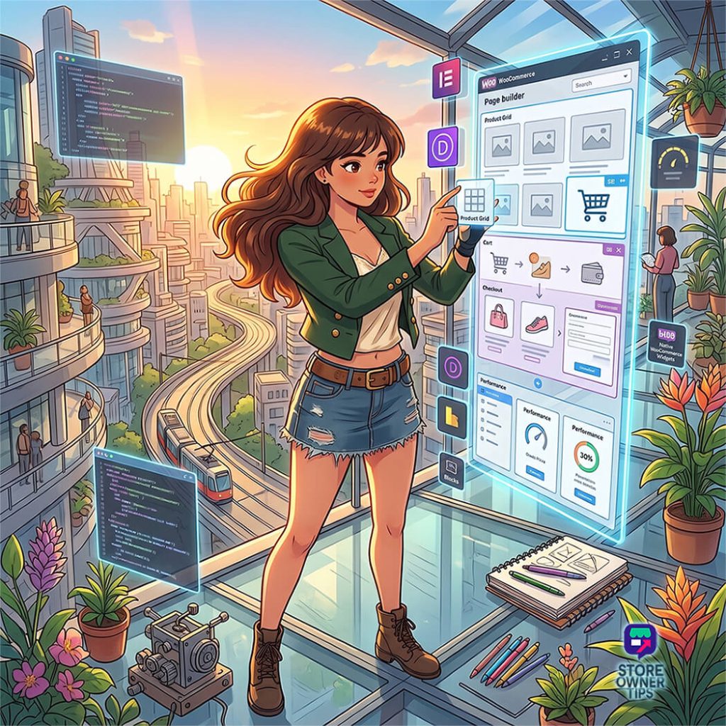 best-wordpress-page-builder-filler-1 - Store Owner Tips Young woman in a denim skirt and green jacket taps a large holographic website builder panel in a futuristic cityscape.