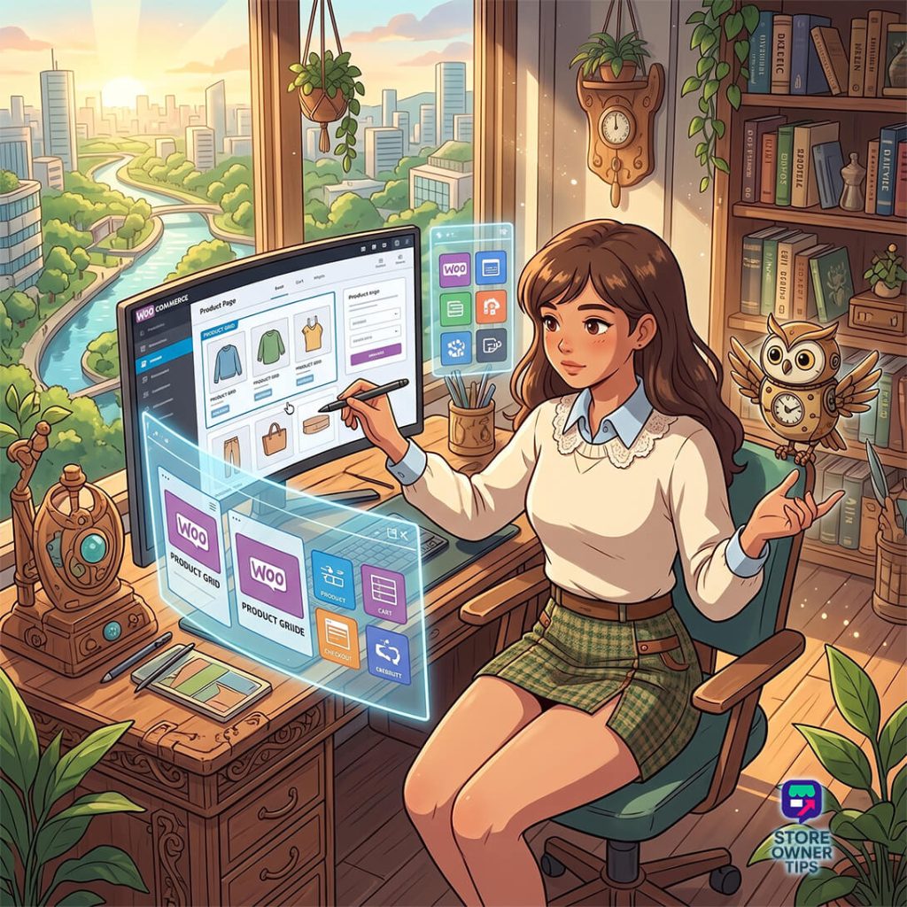 best-wordpress-page-builder-filler-2 - Store Owner Tips Woman sits at a desk editing a WooCommerce product page on a large monitor with floating UI panels in a bright home office view.