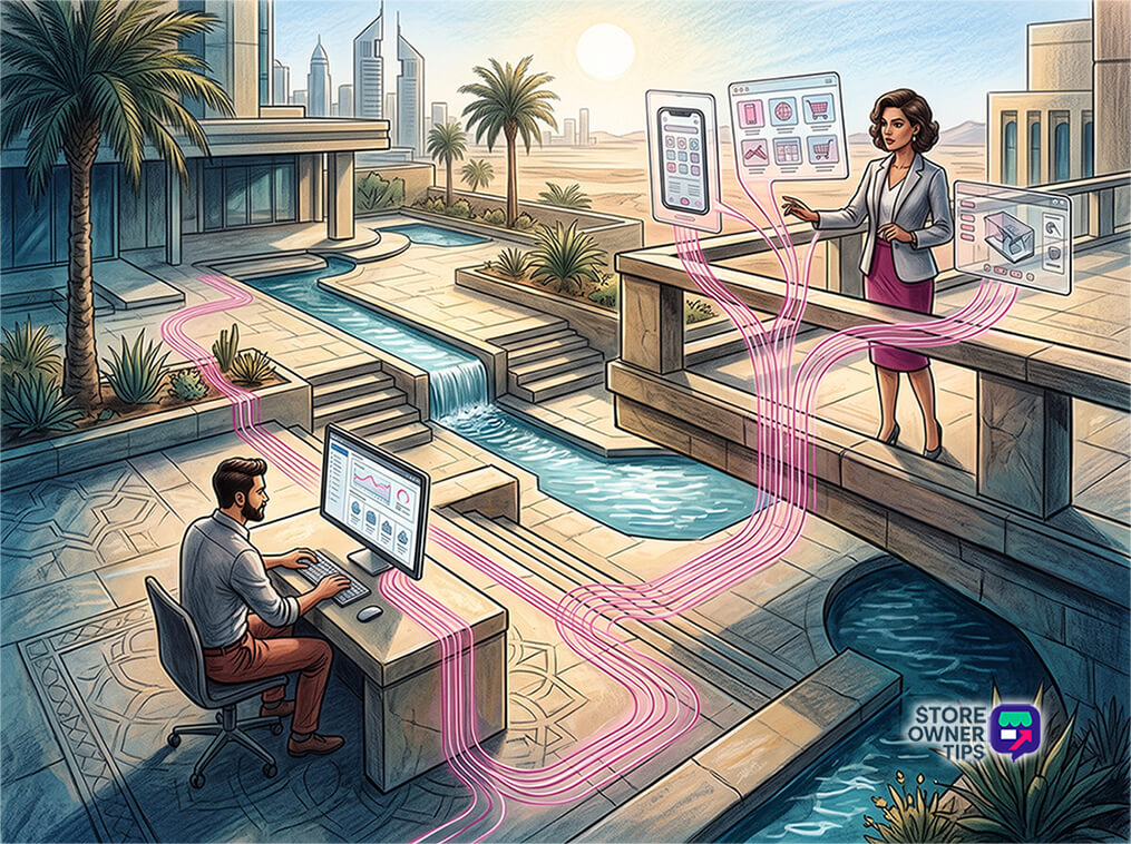 headless-woocommerce-filler-01 - Store Owner Tips Two professionals collaborate remotely as pink data streams flow between a man at a desk with a computer and a woman on a terrace, each using floating dashboards to manage a store case study.