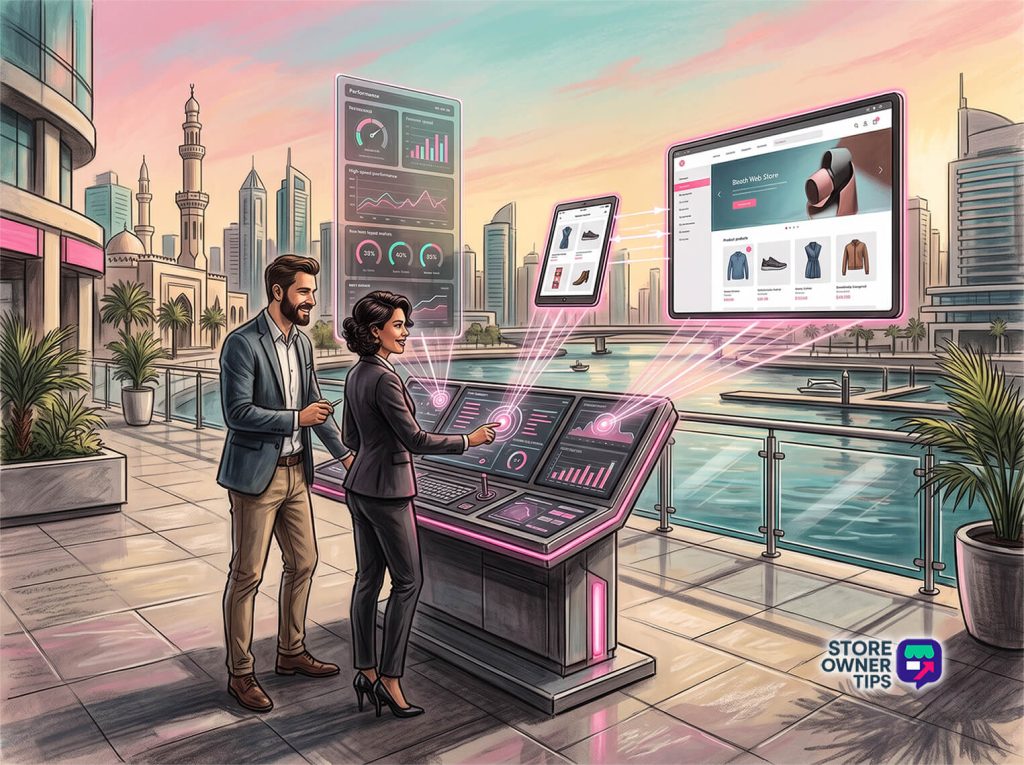 headless-woocommerce-filler-02 - Store Owner Tips Two professionals operate a futuristic control desk with holographic dashboards showing analytics and an online store interface against a sunset cityscape.