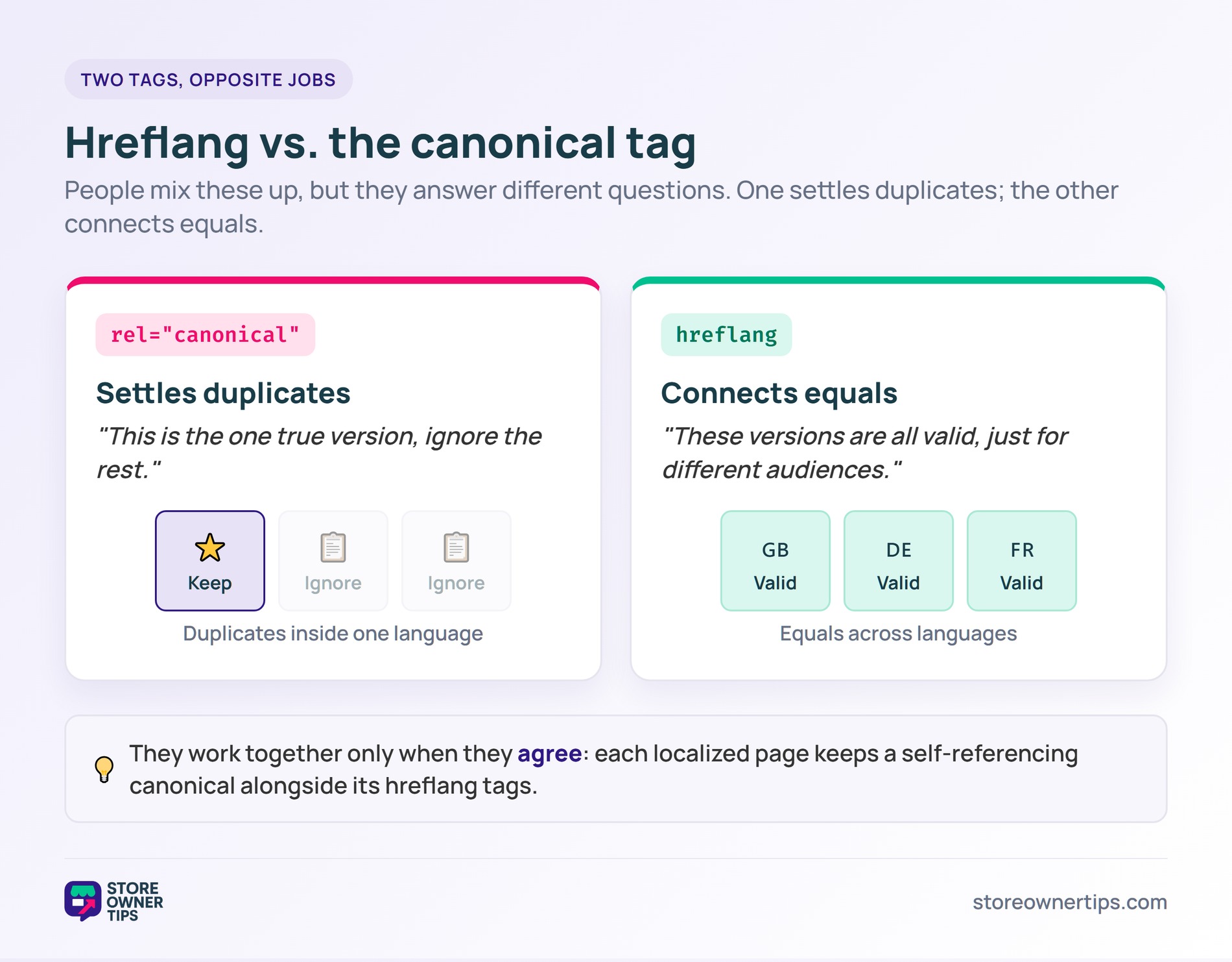 hreflang-4-vs-canonical - Store Owner Tips Comparison of the canonical tag settling duplicates versus hreflang connecting valid language versions.