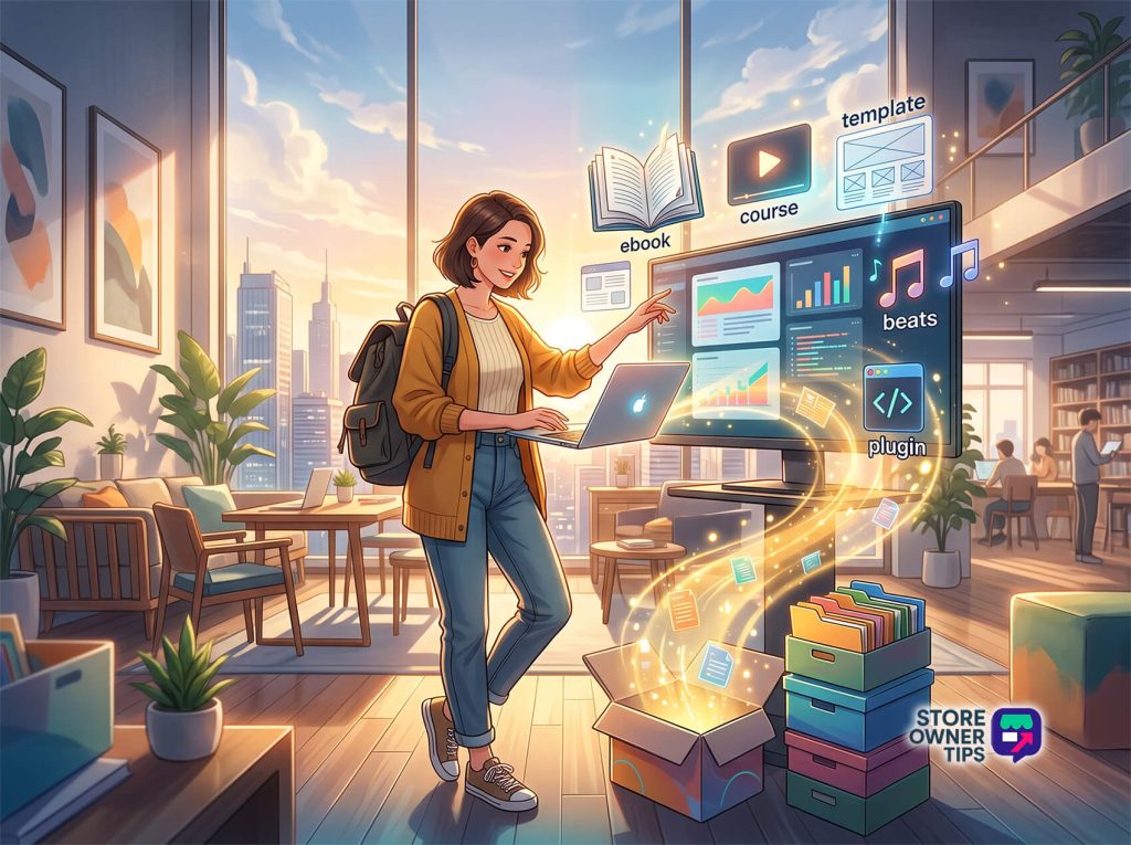 sell-digital-products-on-woocommerce-filler-2b - Store Owner Tips Woman with a backpack uses a laptop in a bright coworking space, interacting with floating icons for ebook, course, template, beats and plugin above a large monitor.
