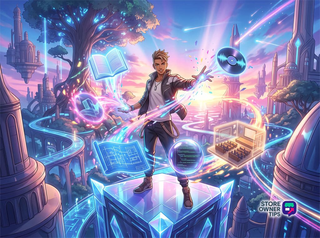 sell-digital-products-on-woocommerce-filler3 - Store Owner Tips Young man stands on a glowing crystal platform, conjuring neon holograms—books, blueprints, a vinyl disc—in a vibrant futuristic city.