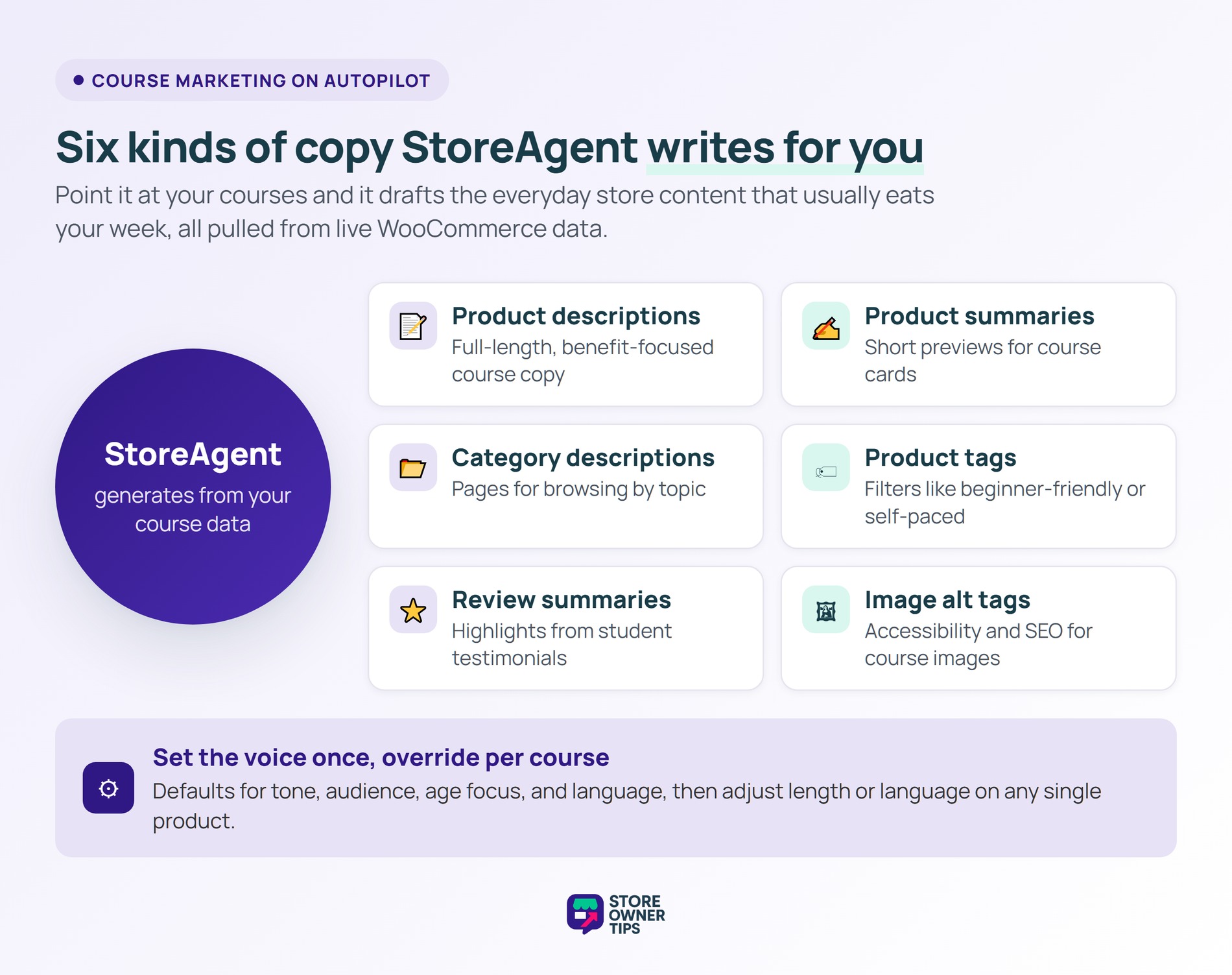 sot-ai-course-02-automate - Store Owner Tips Wheel diagram of the six content types StoreAgent generates for course marketing, including image alt tags