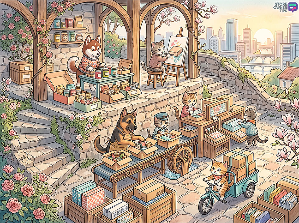 start-subscription-box-business-woocommerce-filler-1 - Store Owner Tips Whimsical outdoor market with cats and dogs sorting, packing, and selling boxes and jars on a sunlit stone terrace.