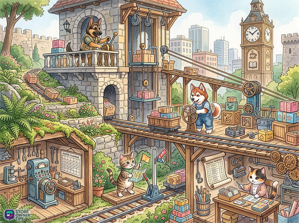 start-subscription-box-business-woocommerce-filler-2 - Store Owner Tips Illustration of dogs and cats managing a packing facility, representing how to start a subscription box business using WooCommerce.
