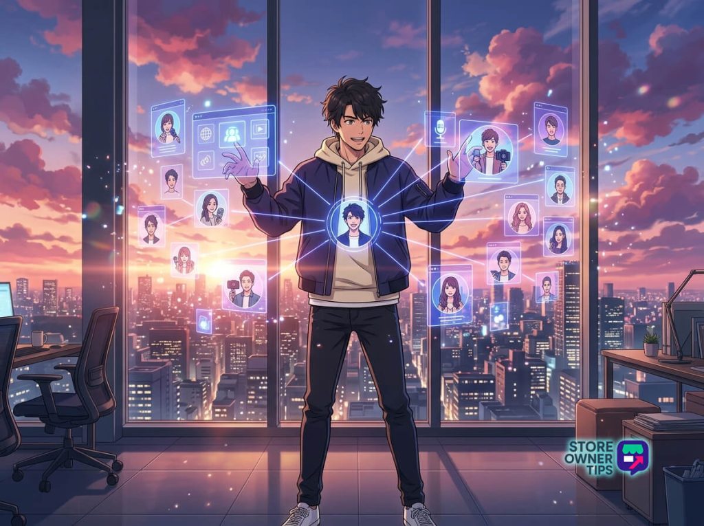 Young man in a hoodie stands in a modern office, with holographic profile cards and connections orbiting him against a sunset cityscape behind glass walls.