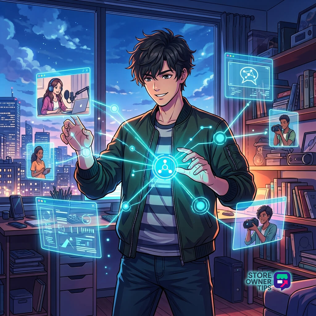 Young man in a room with glowing holographic network nodes connecting to people on screens, depicting online collaboration.