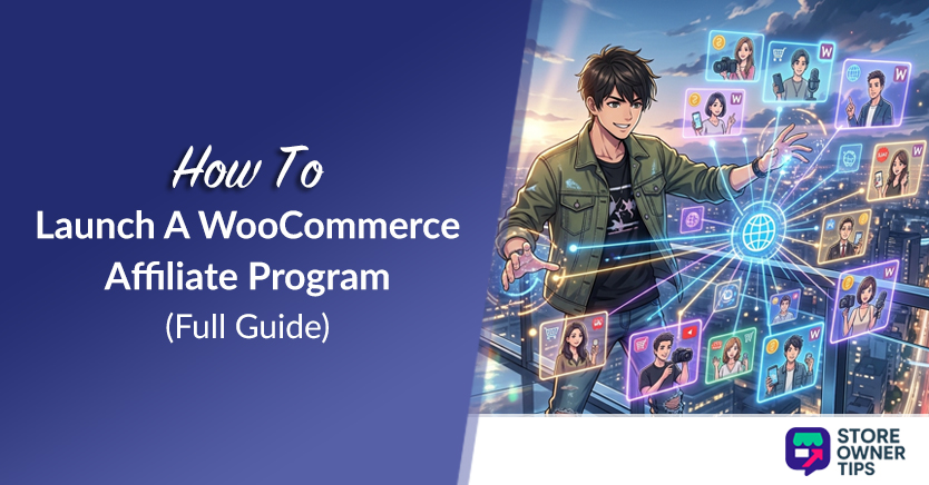 Promotional banner for a full guide on launching a WooCommerce affiliate program, with a man and holographic avatars; Store Owner Tips logo.
