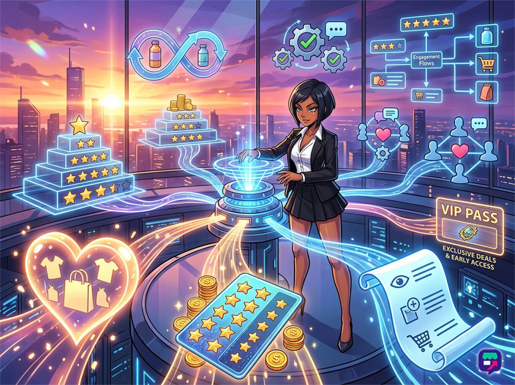 Female executive operates a neon, futuristic control hub with dashboards, charts, and VIP pass above a city sunset skyline.