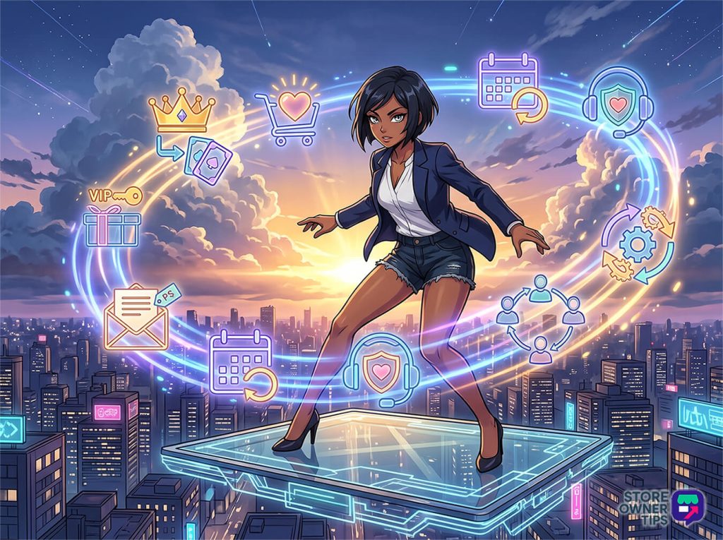 Businesswoman stands on a futuristic glass platform above a city at sunset, surrounded by neon icons for e-commerce and teamwork, conveying digital empowerment.