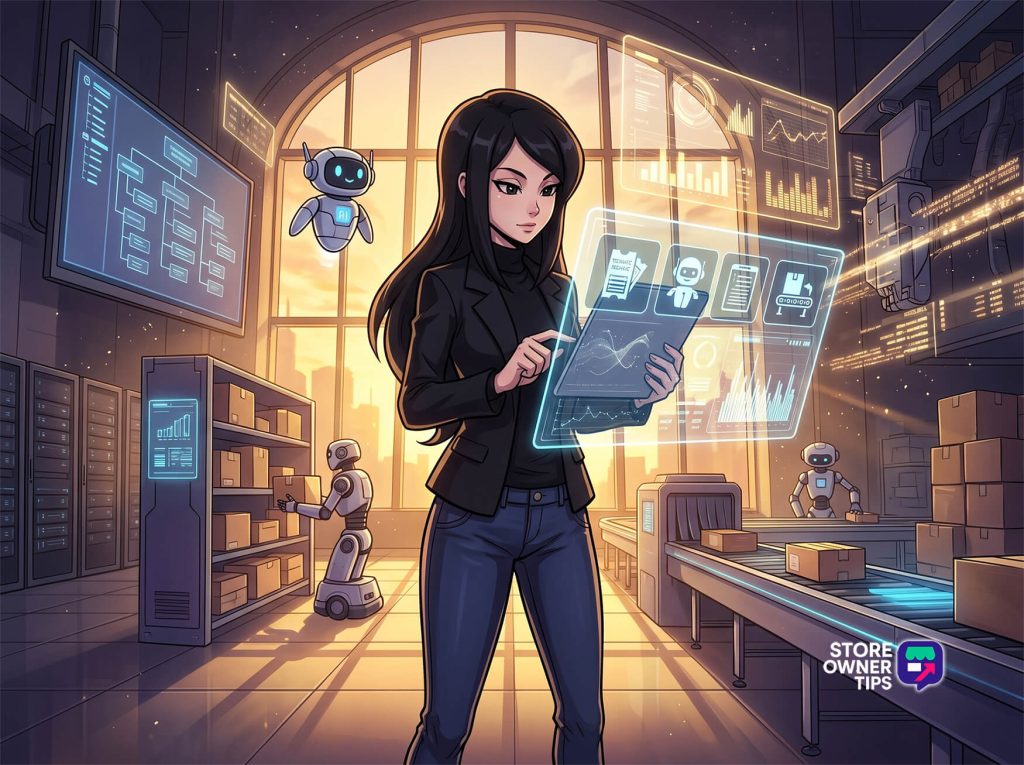 A woman in a blazer stands in a high-tech warehouse, interacting with holographic screens while friendly robots work around.