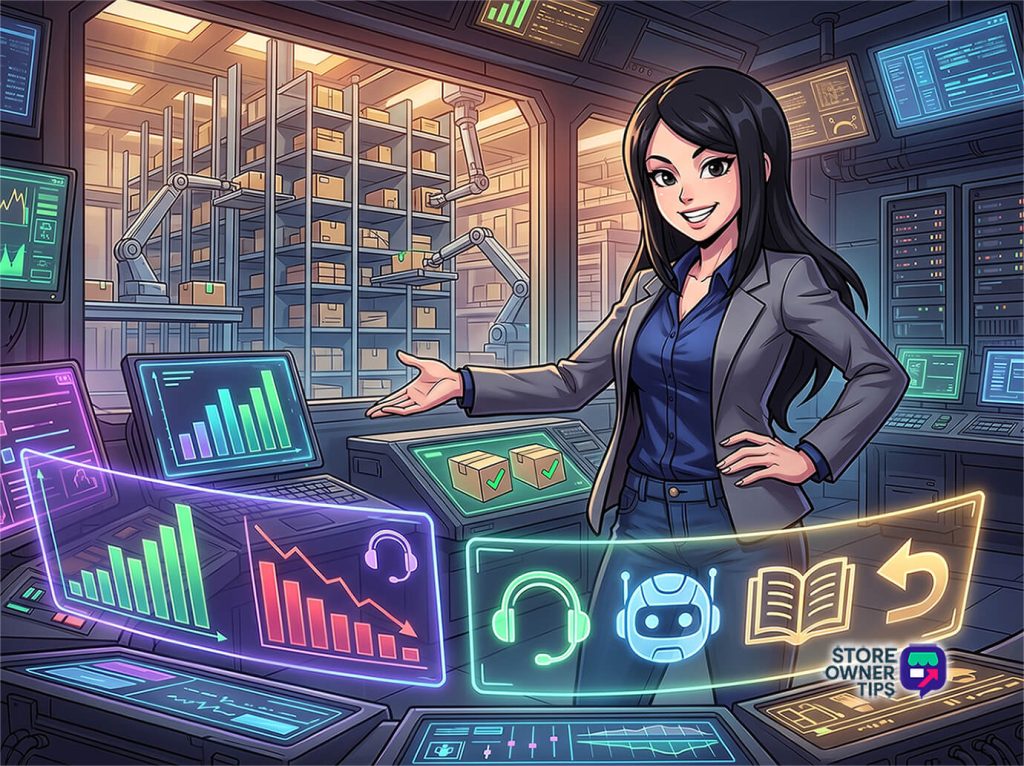 Businesswoman in a control room gesturing toward holographic dashboards with charts, icons, and warehouse robots behind her