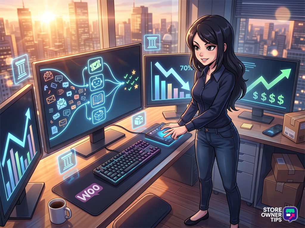 A woman in a blue shirt stands at a desk with multiple monitors showing graphs, charts, and holographic icons against a city skyline at sunset, indicating data-driven work.