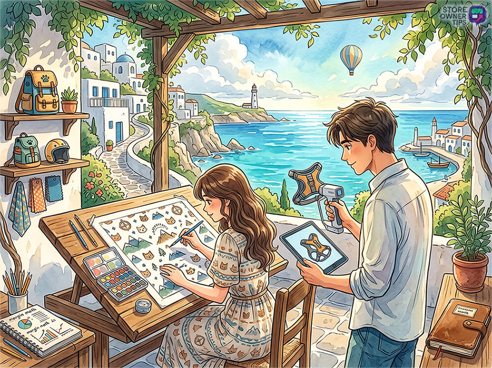 Two young artists sketch animal drawings at a seaside outdoor drafting table, with paints and tools nearby and a coastal town in the background.